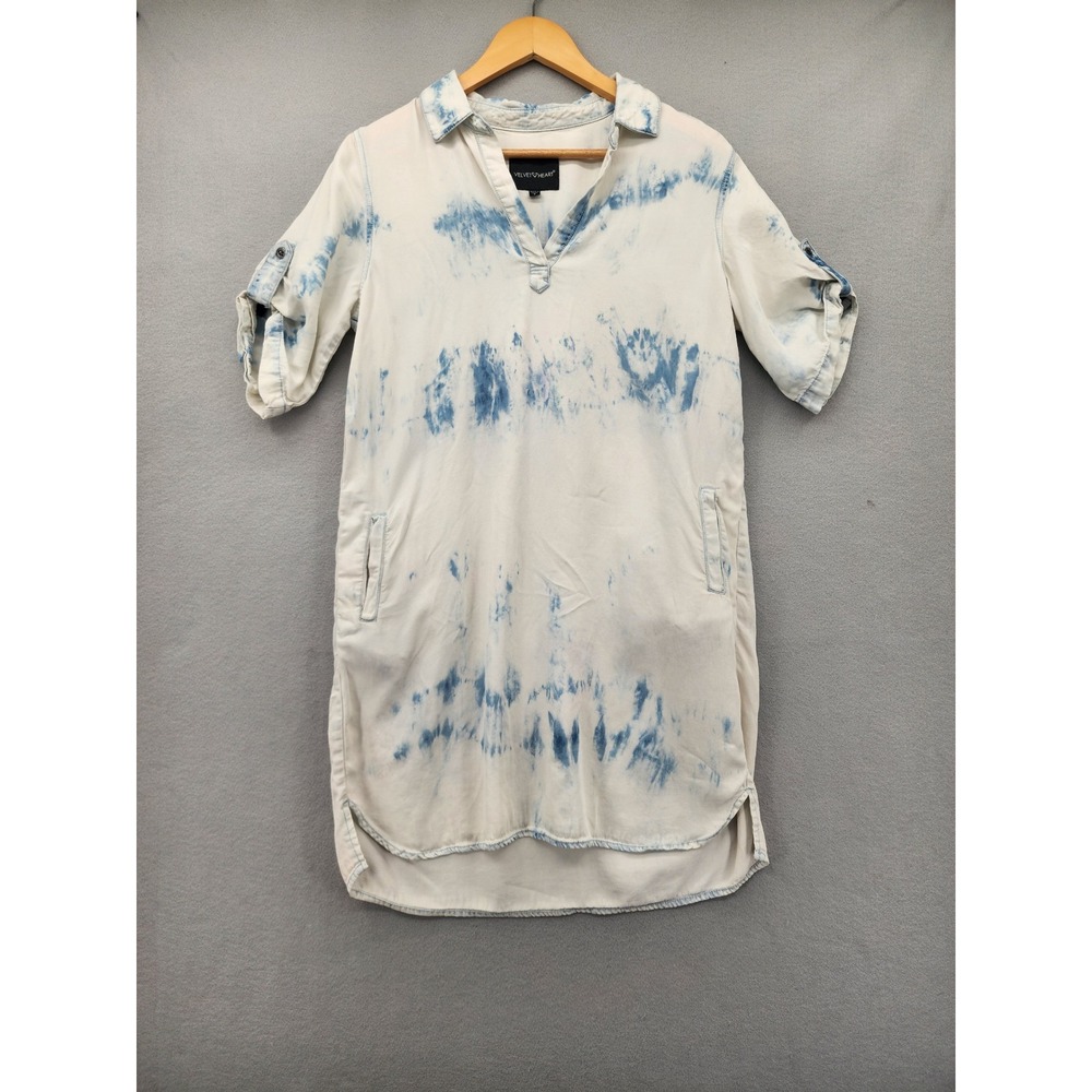 Velvet Heart Tie Dye‎ Tencel Shirt Dress Blue White Pockets Small Boho Coastal